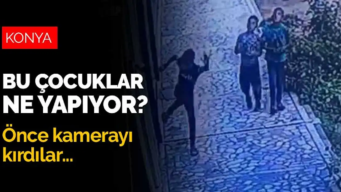 Konya merkezde kameraları kıran 3 çocuk iş yerlerinin kapısına tekme atıp terlik fırlattı