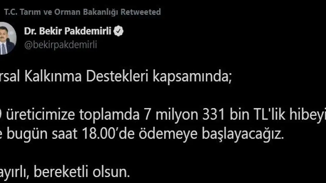 7 milyon 300 bin liralık Kırsal Kalkınma Desteği ödemeleri başladı