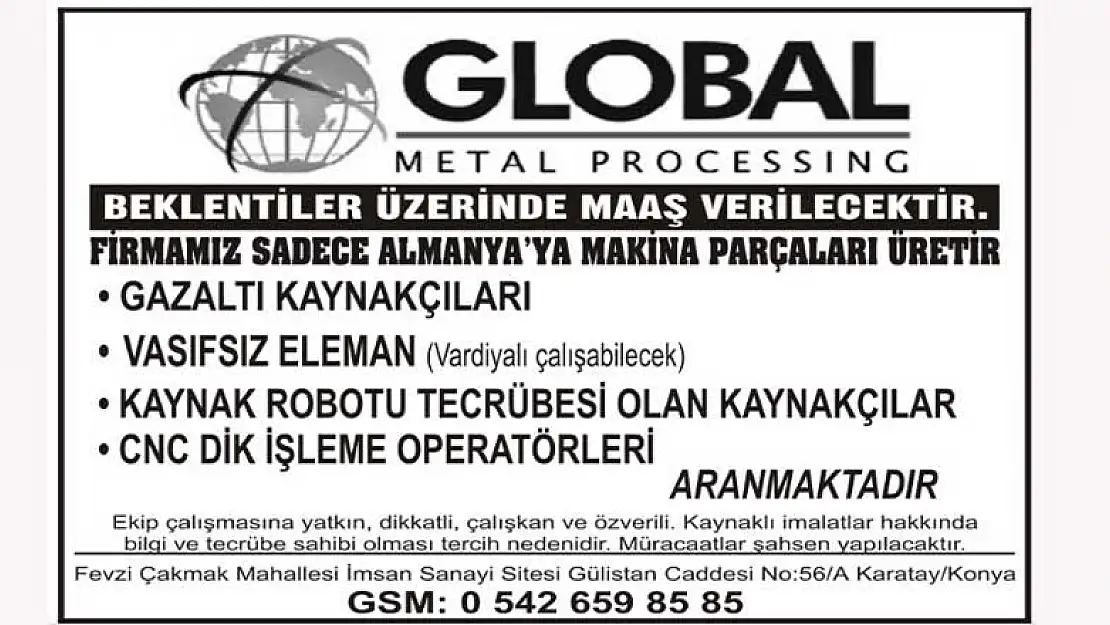 Global metal eleman arıyor