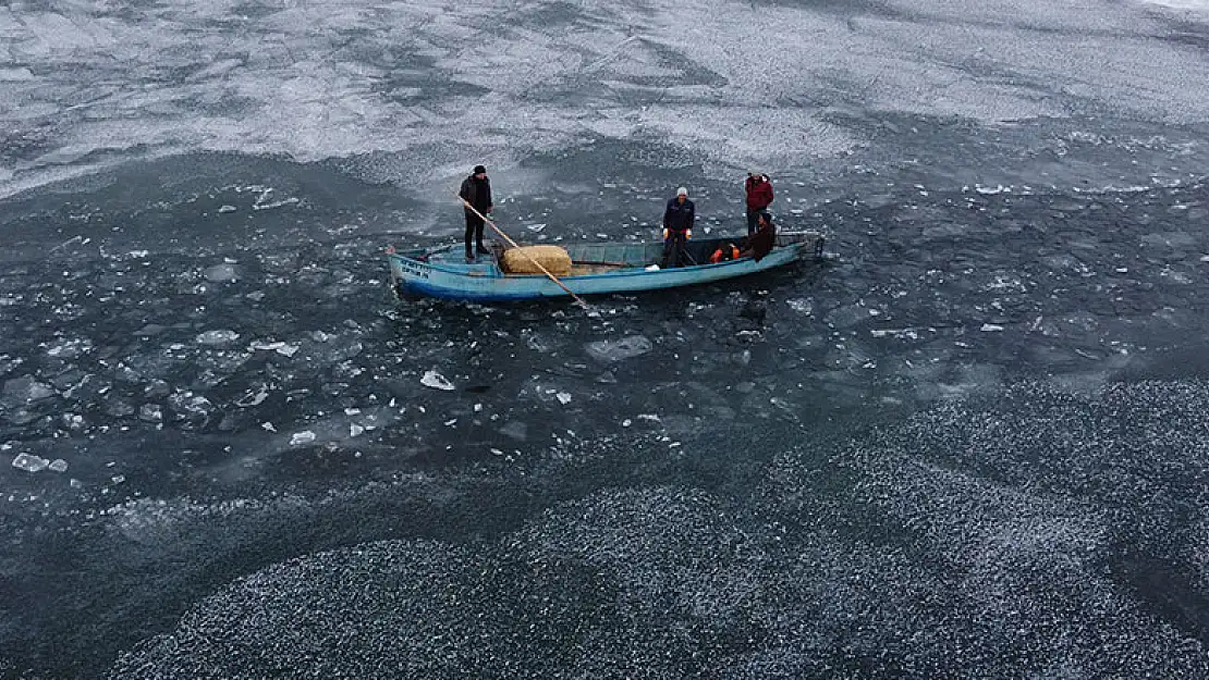 Donan Beyşehir Gölü'ndeki adada tek başına kalan ata tekneyle yem taşıdılar