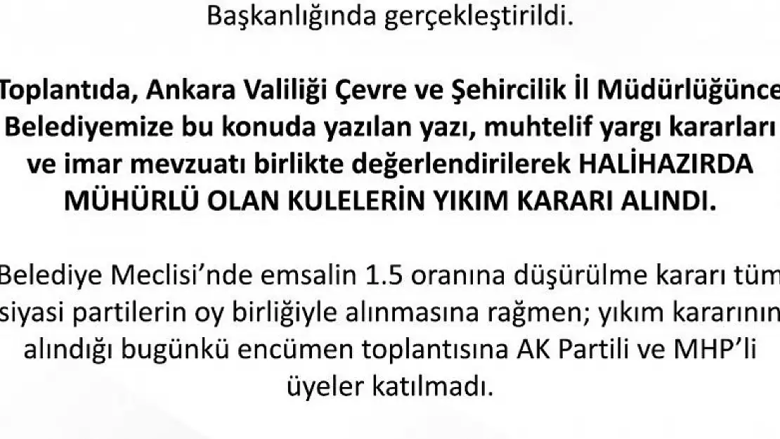 Ankara Büyükşehir Belediyesi, TOGO Kuleleri için yıkım kararı alındığını duyurdu