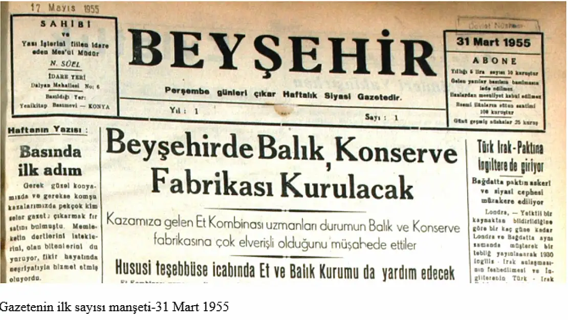 Beyşehir'in ilk gazetesi 70 yıl önce- çıkarıldı