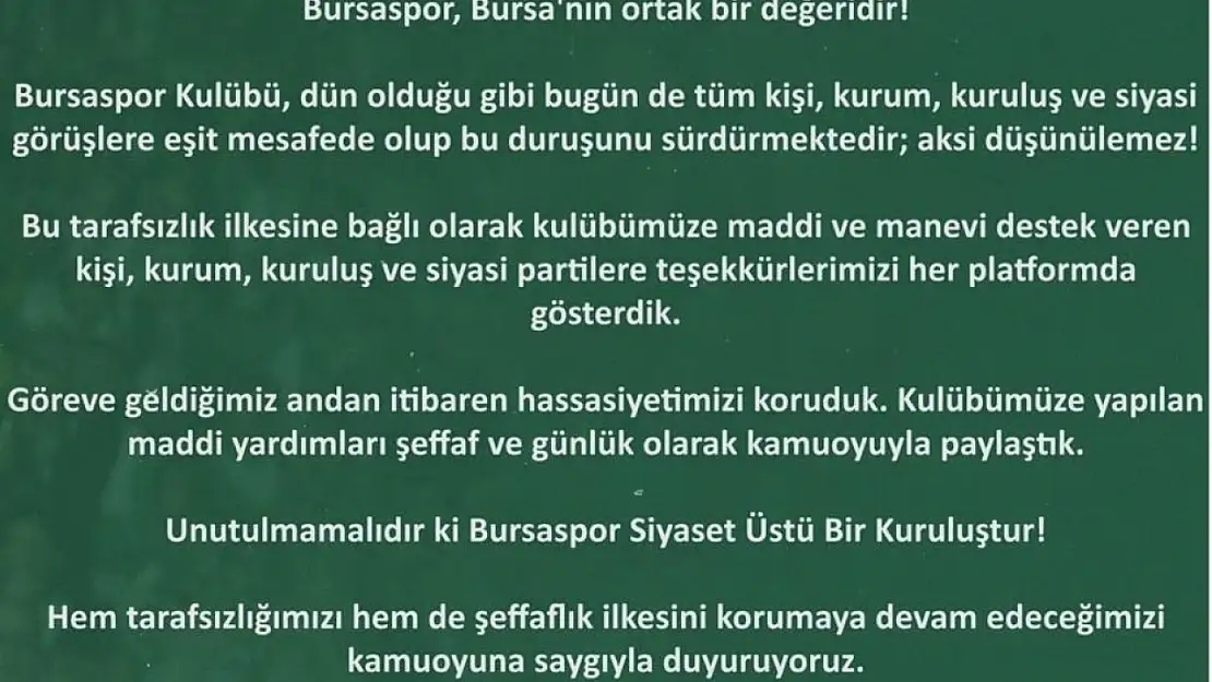 Bursaspor Kulübü: 'Aksi Düşünülemez'