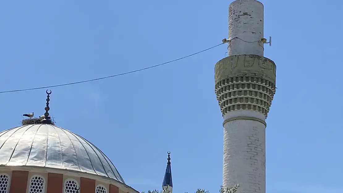 Şiddetli rüzgar minare külahını yıktı, leylek yuvası sağlam kaldı