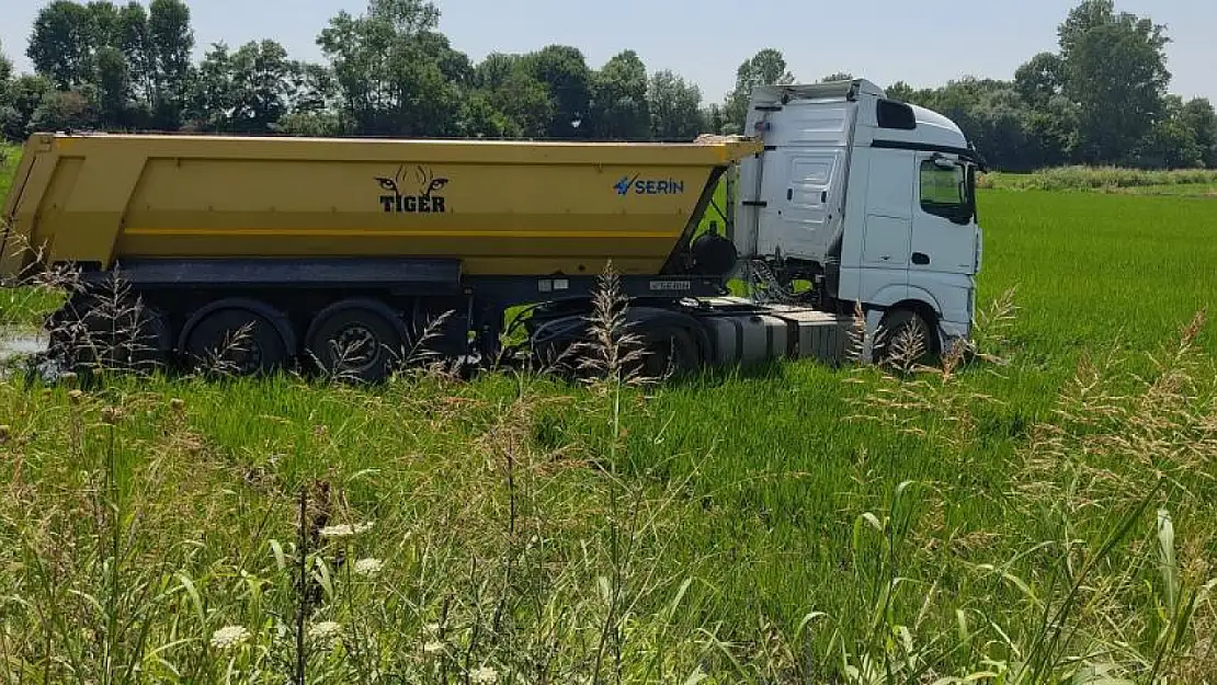 Tır çeltik tarlasına girdi, çamura saplandı