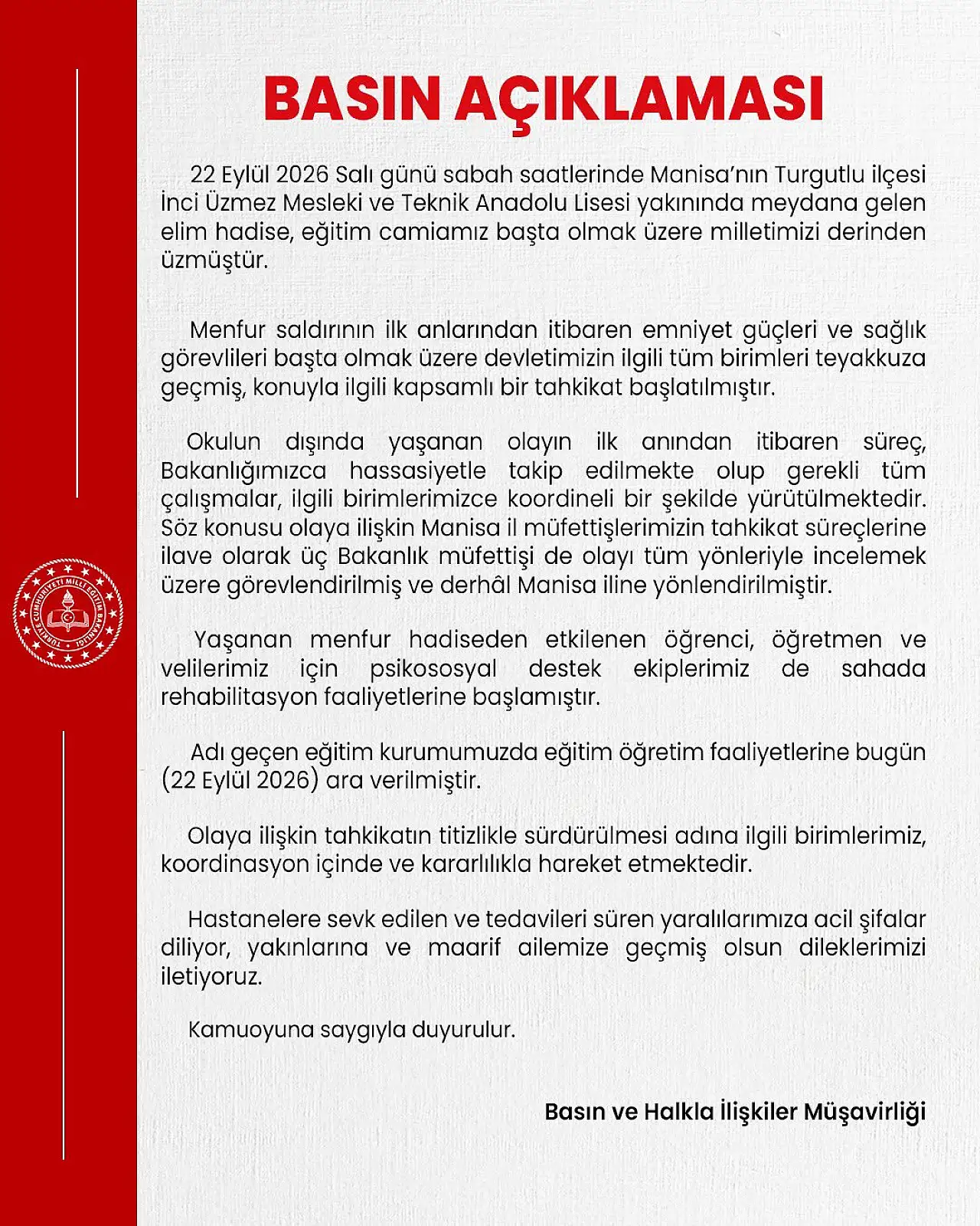 Milli Eğitim Bakanlığı'ndan okul saldırısına ilişkin açıklama