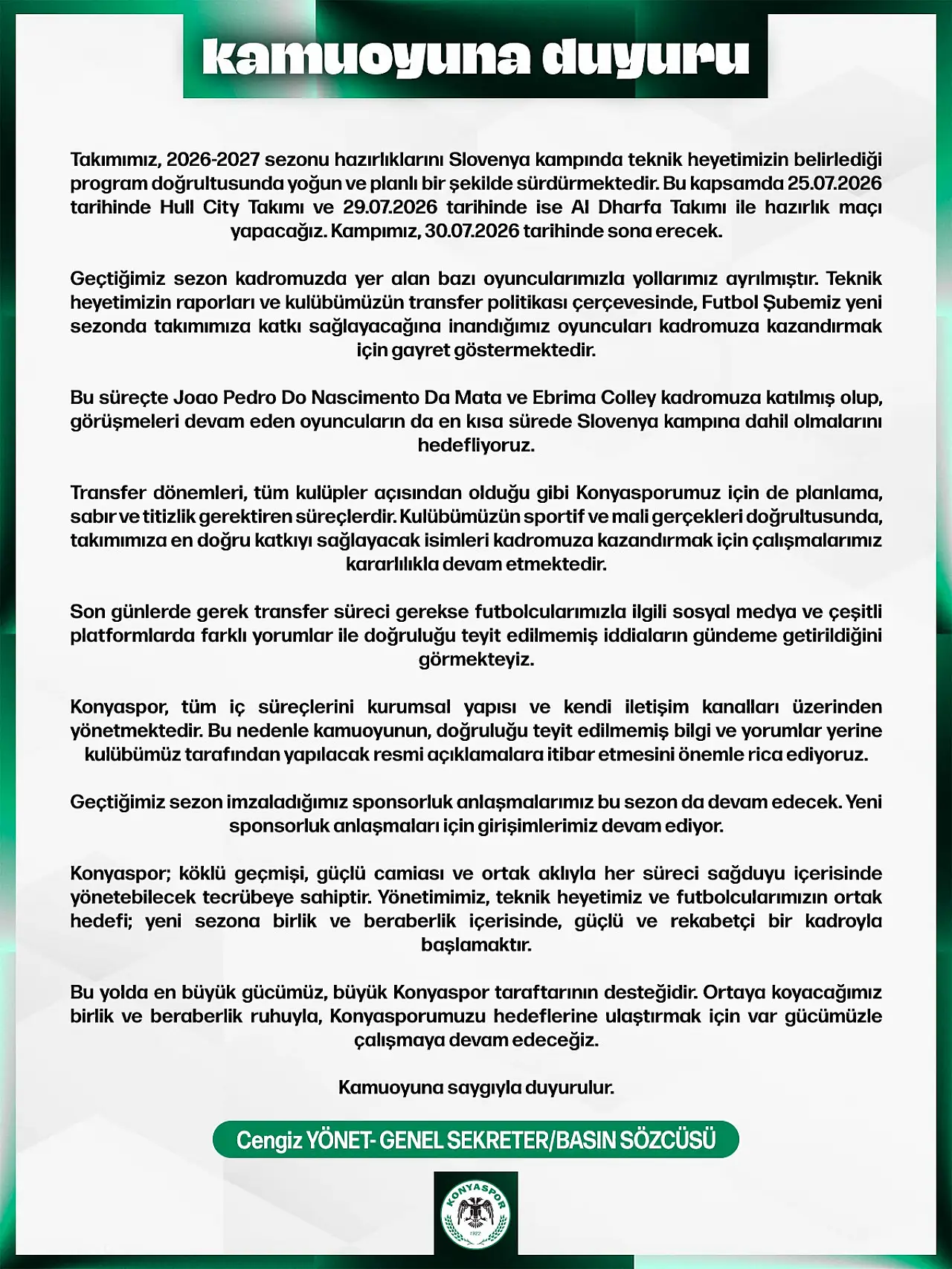 Konyaspor'da transfer mesajı: 'Planlama, sabır ve titizlik şart'