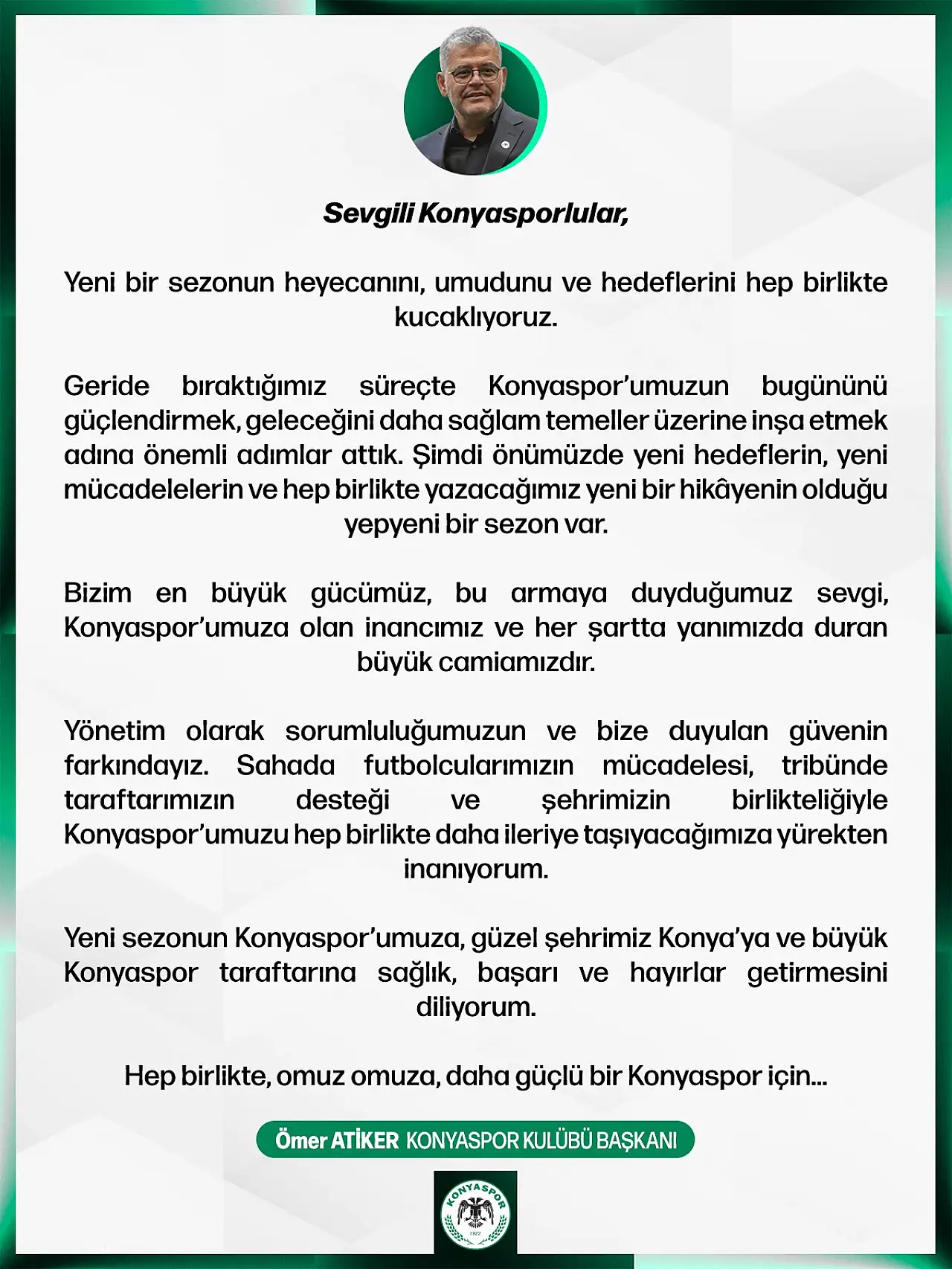 Konyaspor Başkanı Atiker'den yeni sezon mesajı: 'Omuz omuza daha güçlü bir Konyaspor'