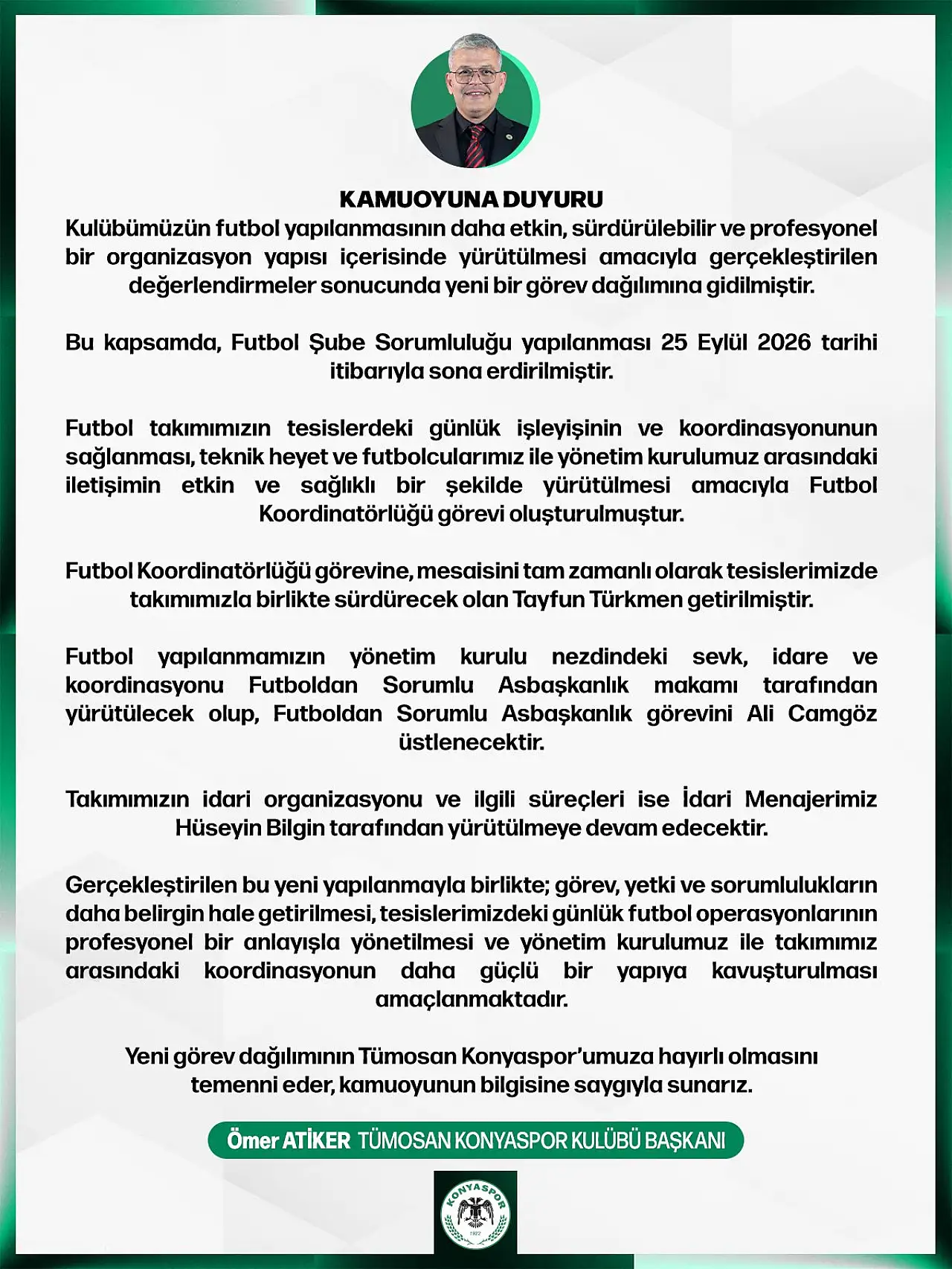 Konyaspor'da yeni yapılanma! Başkan Ömer Atiker yeni kararları duyurdu