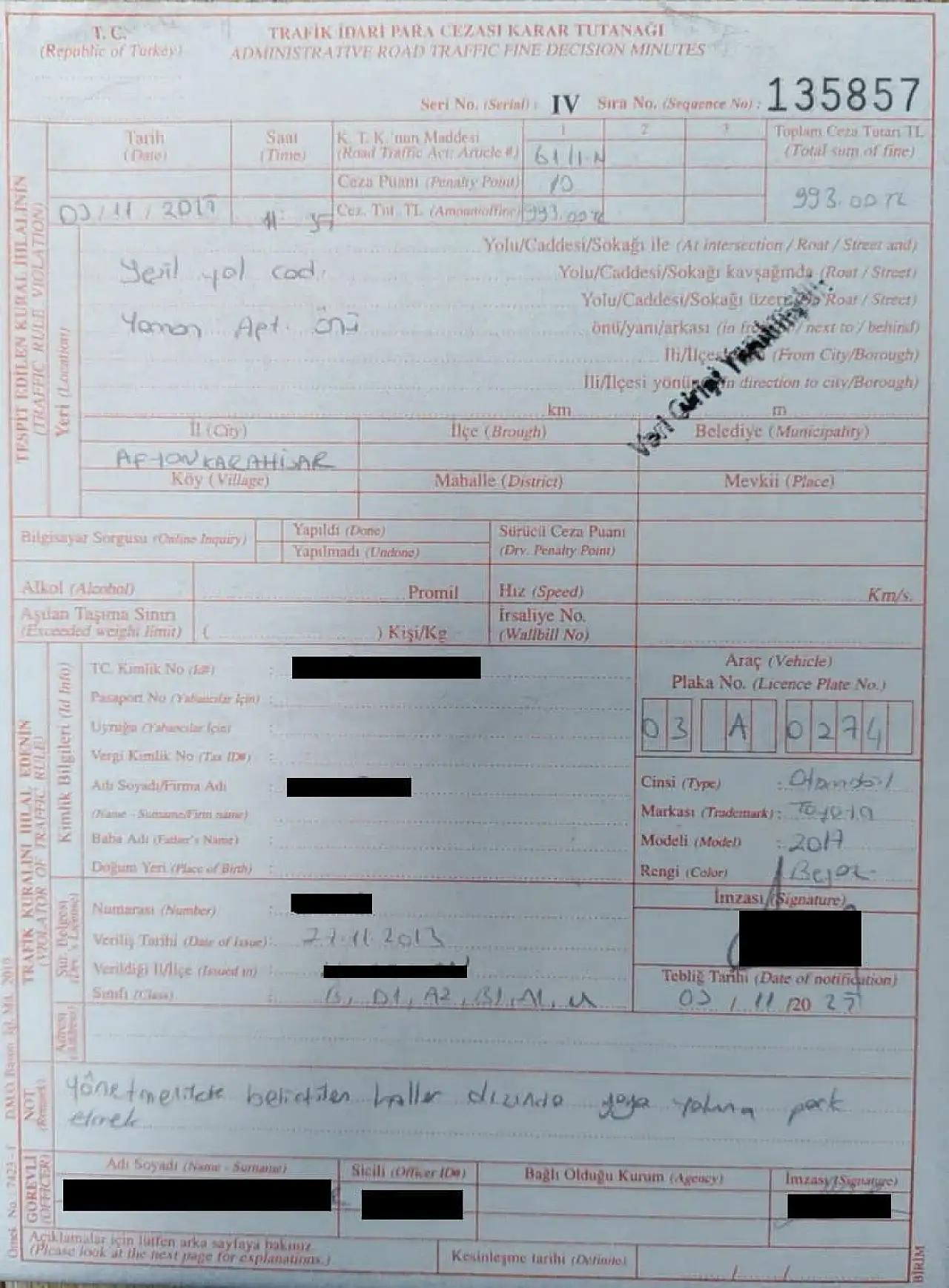 Trafik kuralını ihlal eden polise 993 lira ceza
