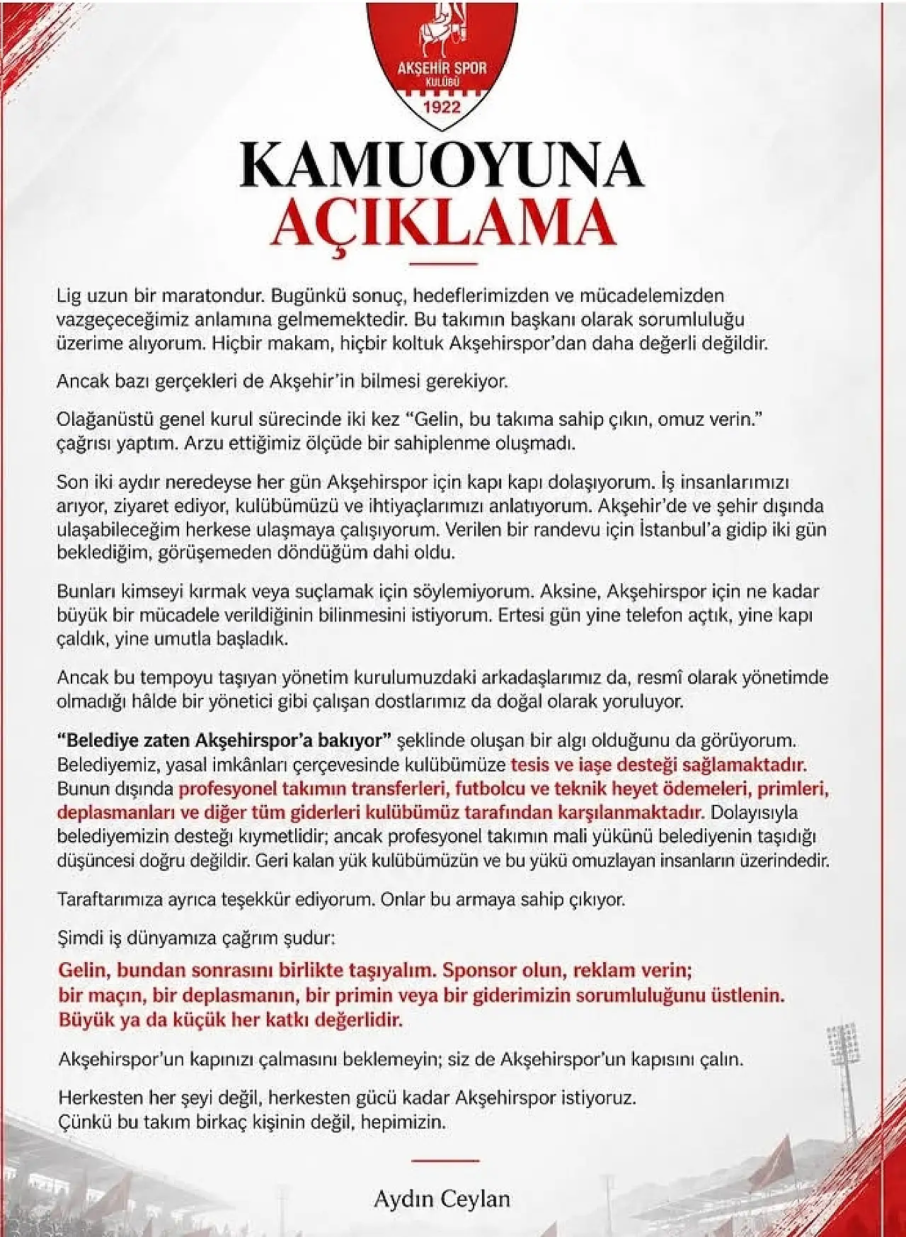 1922 Akşehirspor Başkanı Ceylan'dan çağrı:Takıma sahip çıkın