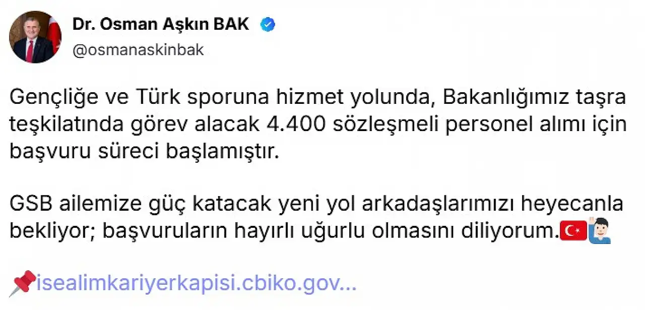 Gençlik ve Spor Bakanlığı'ndan 4.400 personel alımı: Başvurular başladı!