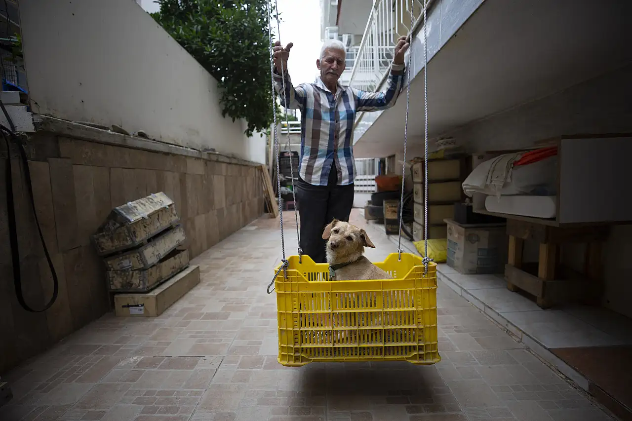 Sahip olduğu köpeğini her gün skuter ile gezdiriyor