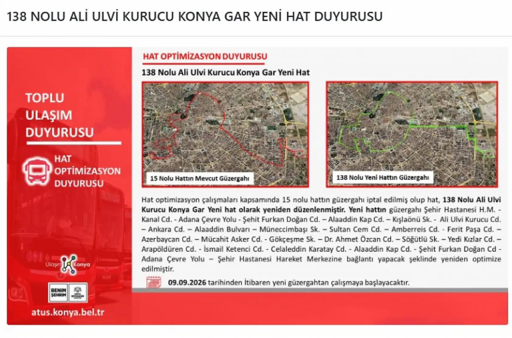 Konya'da birçok otobüs hat ve güzargahı değişti