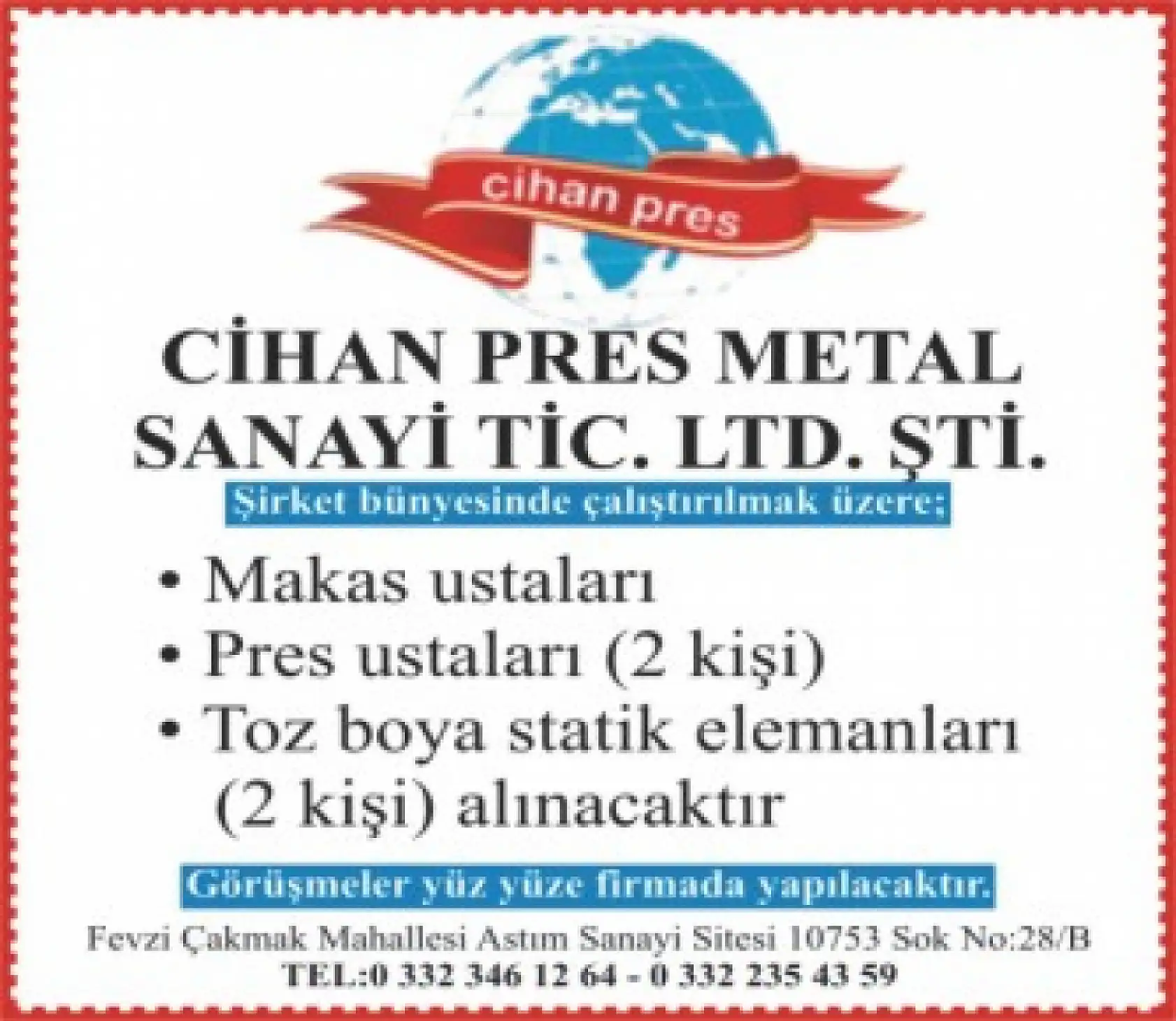 Cihan Pres Personel Alımı Yapacak.