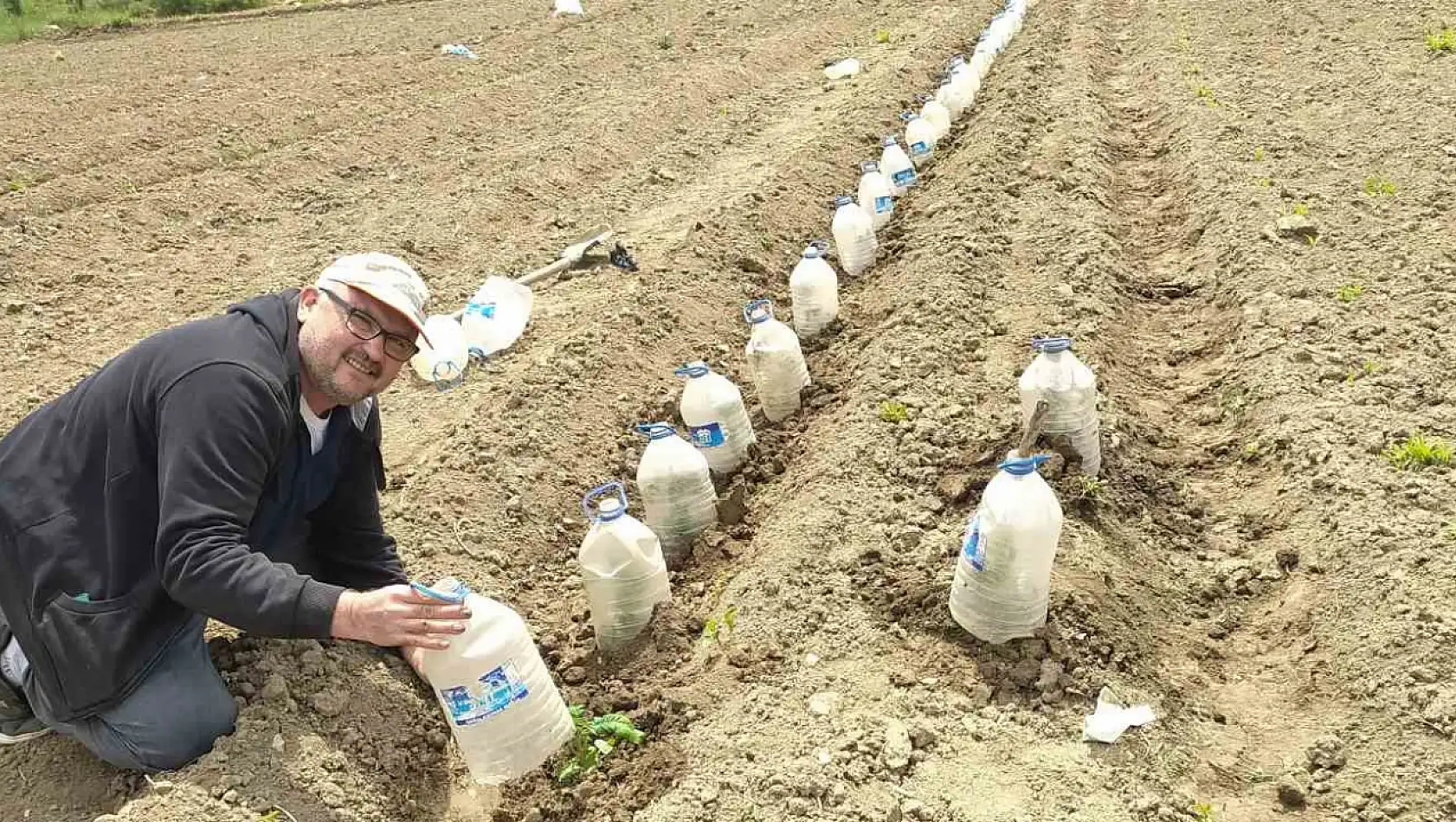 Sebze fideleri dondan pet şişelerle korunuyor