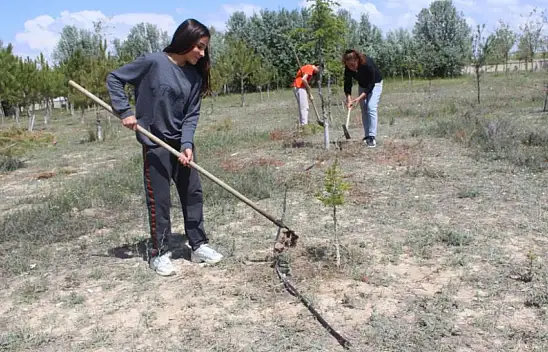 Konya'da o okulun bahçesine dikilen ağaçların bakımını öğrenciler ve öğretmenler yaptı