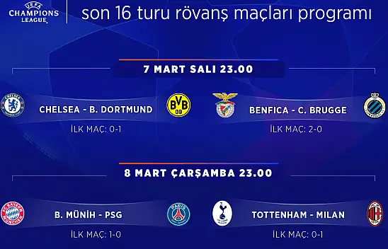 Şampiyonlar Ligi'nde son 16 turu rövanş maçları bugün oynanacak