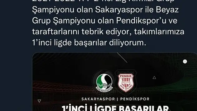Cumhurbaşkanı Erdoğan Sakaryaspor'u tebrik etti