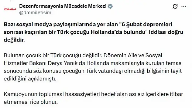 DMM'den net yalanlama: 'Deprem sonrası kaçırılan Türk çocuğu' iddiası asılsız
