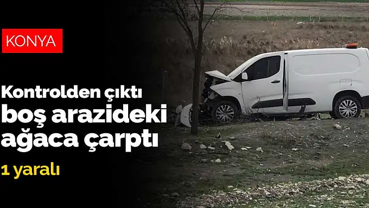 Konya'da kontrolden çıkan hafif ticari araç boş arazideki ağaca çarptı:1 yaralı
