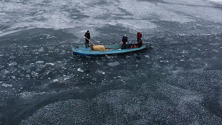 Donan Beyşehir Gölü'ndeki adada tek başına kalan ata tekneyle yem taşıdılar