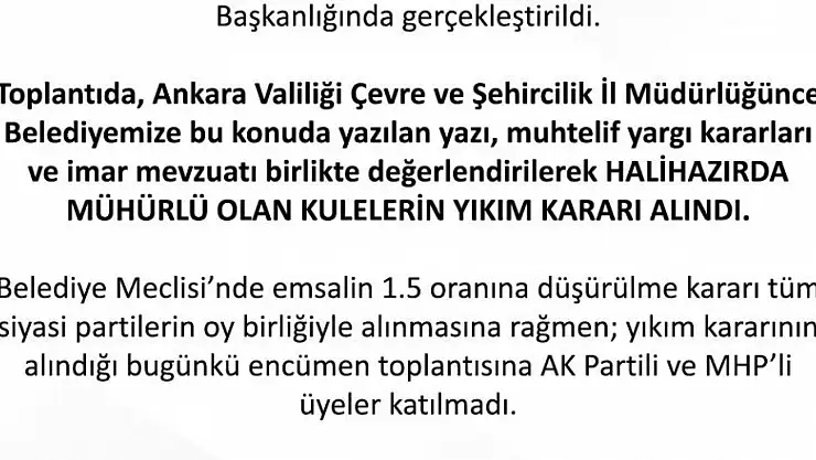 Ankara Büyükşehir Belediyesi, TOGO Kuleleri için yıkım kararı alındığını duyurdu