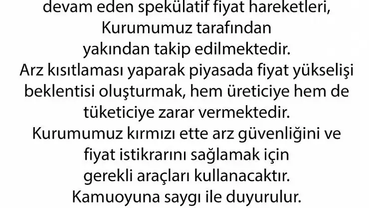 Et ve Süt Kurumu: 'Spekülatif fiyat hareketleri yakından takip edilmektedir'