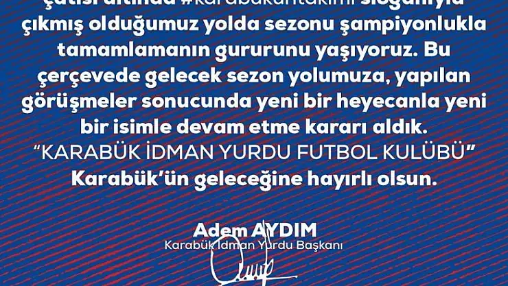 Karabük'ü BAL'da temsil edecek takımın yeni adı Karabük İdman Yurdu FK oldu