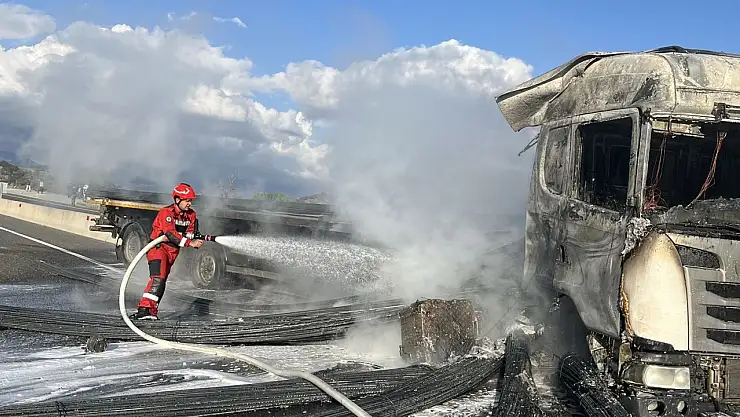 Bariyerlere çarpan TIR alev topuna döndü