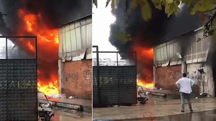 Geri dönüşüm atölyesi alev alev yandı