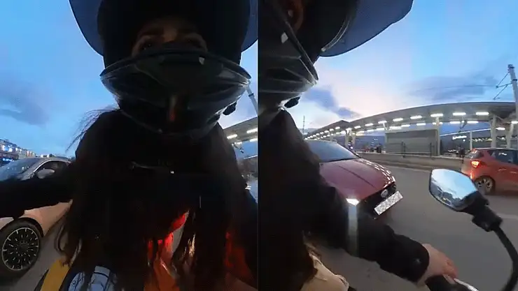 Kadın sürücülerin kavgası kask kamerasına yansıdı: Önce çarptı sonra aynaya vurdu