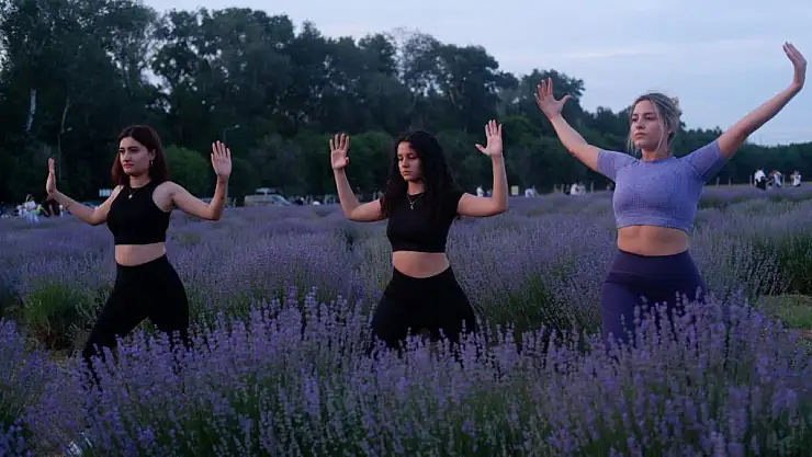 Lavanta tarlasında gün batımı eşliğinde yoga