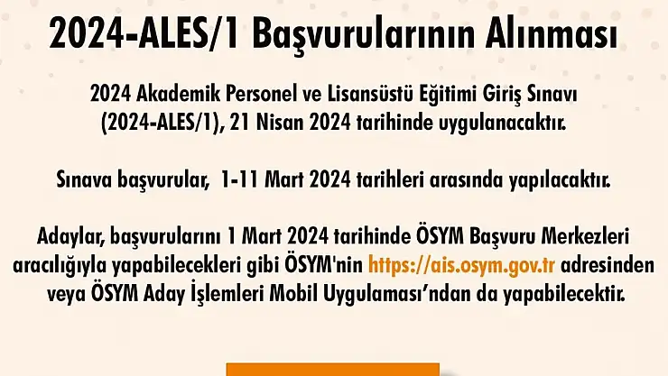 ÖSYM tarafından, 2024-ALES/1 başvuru tarihi duyuruldu