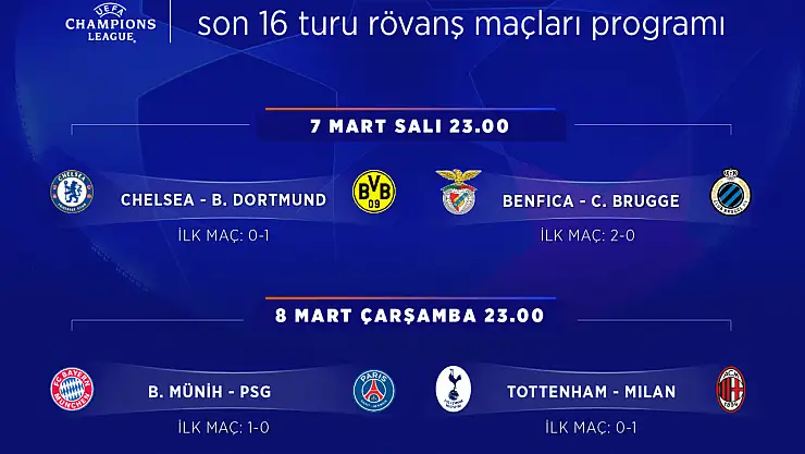 Şampiyonlar Ligi'nde son 16 turu rövanş maçları bugün oynanacak