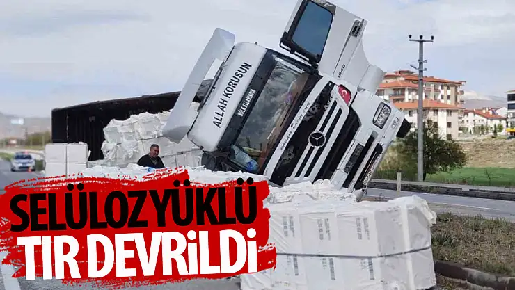 Selüloz yüklü tır devrildi