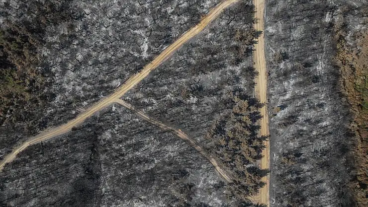 Yangında zarar gören alanlar dronla görüntülendi