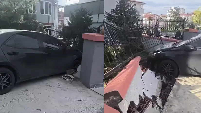 El freni çekilmeyen otomobil bahçe duvarını yıktı