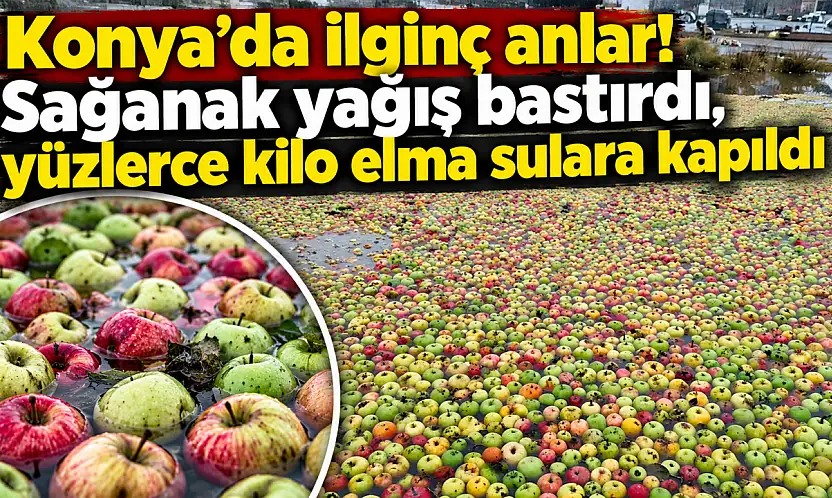 Konya'da ilginç anlar! Sağanak yağış bastırdı, yüzlerce kilo elma sulara kapıldı